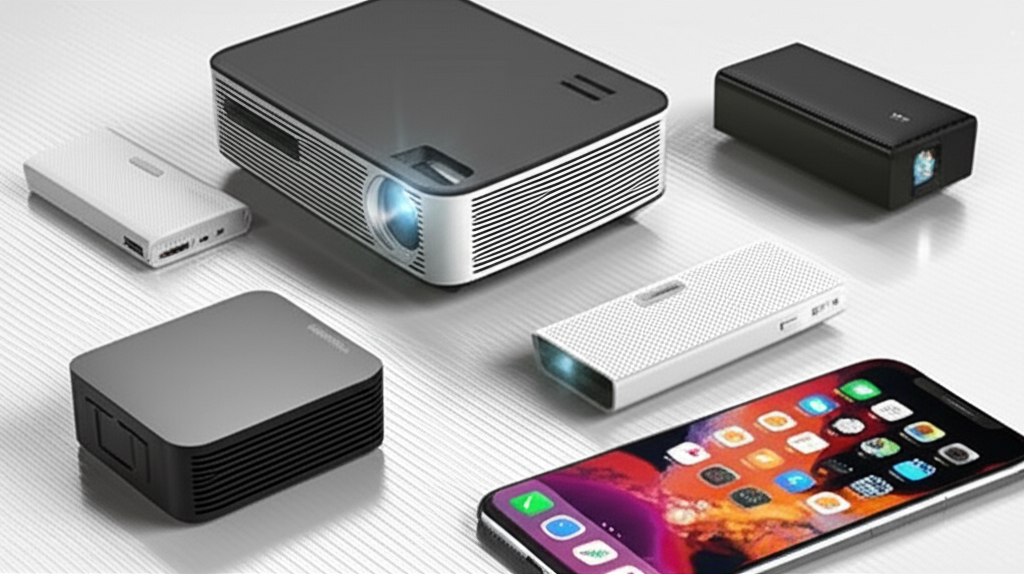 Generate a high-quality, relevant image prompt for an article about: 5 Best Mini Projectors For iPho