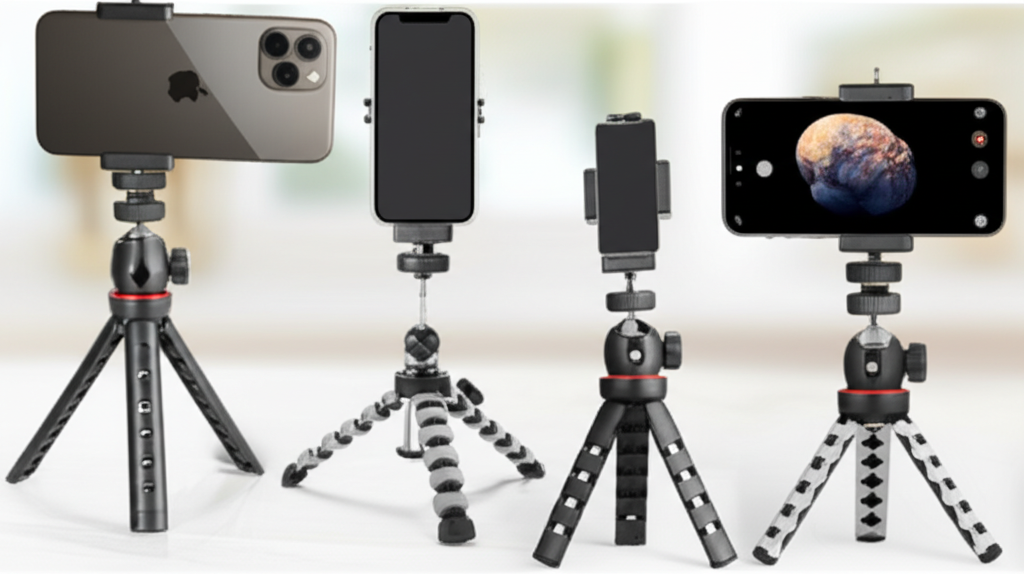 Generate a high-quality, relevant image prompt for an article about: 5 Best iPhone Tripods: Creator’